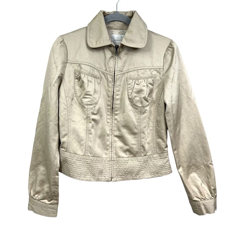 Banana Republic Women Jacket Collared Pockets Lined Zip Puff Sleeves Beige Sz M*